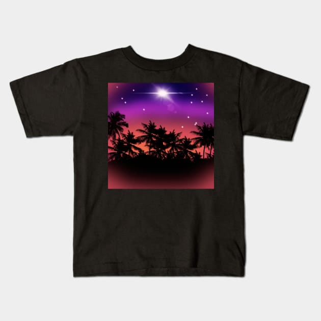 Midnight Purple Sky with Glowing Stars and Palm Trees Landscape Kids T-Shirt by AussieMumaArt